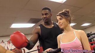 Domina cuckolds in boxing gym for sperm