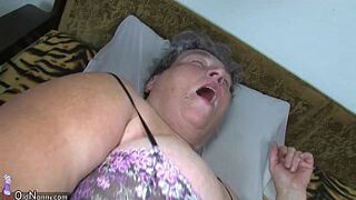 Old chubby mother in law teaches her chubby y. wife masturbating use fake cock