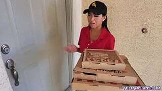Jay Romero and Rion King wish some pizza and Ember Snow delivered it fresh and lovely with an extra sex in three service.