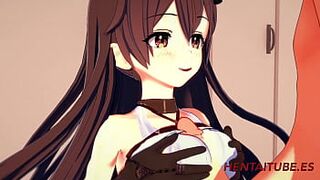 Genshim Impact Hentai - Amber Creaming The Cock, Sucking Dick, Boobjob and humped with jizz in her mouth and pinky peach 2/2