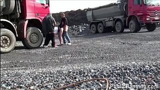 Beauty Queen y. sweet sixteen OUTDOORS gang screw sex in three at a construction site