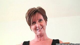 Classy grandmother Joy gets fingered and masturbates with fake cock up her bum