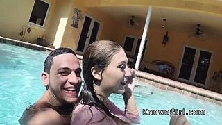 Chesty girlfriend fucks in the outdoor pool