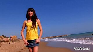 Myfirstpublic b. dark-haired convince dude on the beach to bang her dripping pinky peach