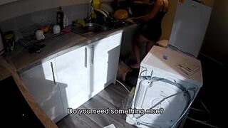 Sexy woman seduces a plumber in the kitchen while her husband at work.