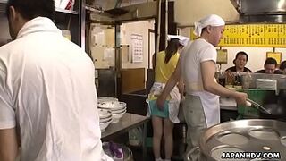 Excited Japanese waitress Asuka gets gangbanged and creampied in public space