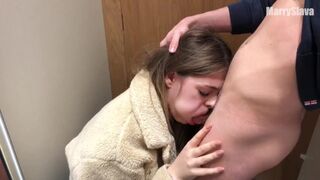 SWALLOW SUCKING DICK IN THE FITTING ROOM. Deepthroat his Sperm
