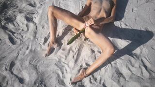 Inexperienced Nudist 18Yo Fucks her Rigid Vagina with a Big Cucumber on a Outside Beach. Ends with a Pee.