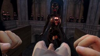 3D VR SFM Bondage Massive Big Boobs Latex Mistress Sucks off Slave twice with Double Oral Sex Bust A Load