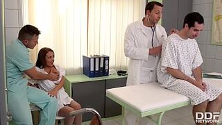 Clinic Menage a Trois with Mature Doc Dominica Phoenix leads to double penetration