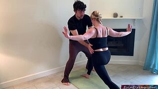 Stepson helps stepmother with yoga and stretches her vagina