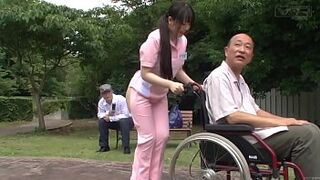 Subtitled bizarre Japanese half nude caregiver outside